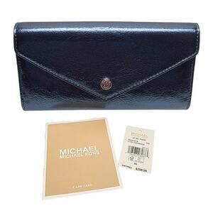 NEW Michael Kors MK Patent Teal Blue Large Envelope Jet Set Continental Wallet